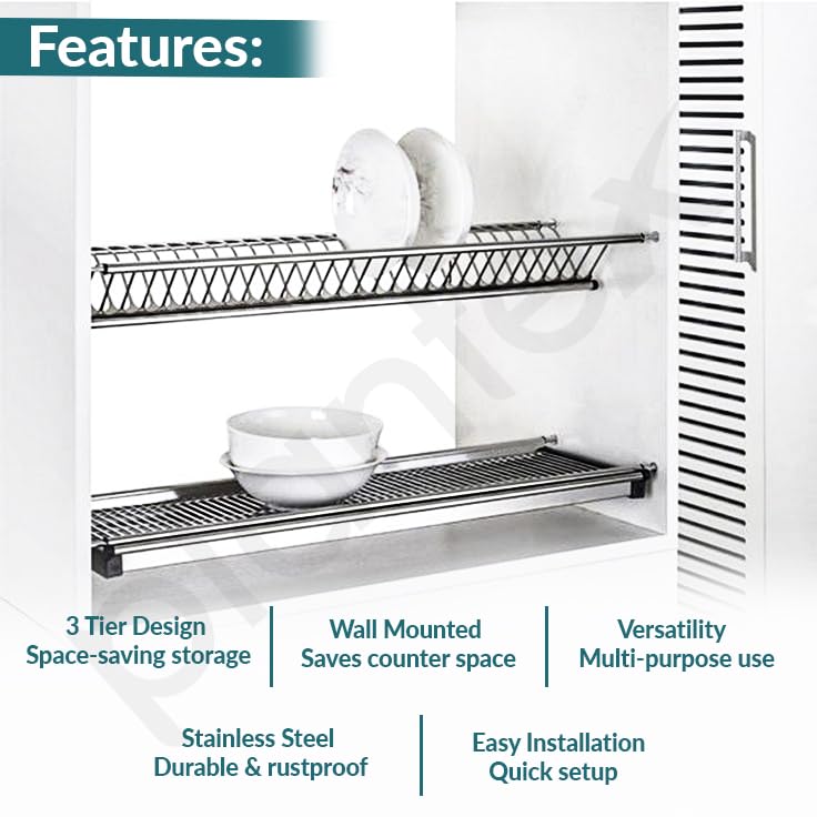 Image of Plantex Stainless Steel Plate Stand with Drainer Tray /600mm GTPT Tray for Kitchen Cabinet /Dish Rack /Kitchen Organizer for Quick Drying and Storage - Set of 3 Pcs (Chrome)
