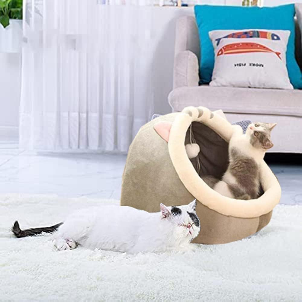 سرير للقطط والقطط الصغيرة والقطط الصغيرة شبه المغلقة مع كرة قطيفة، مساحة كبيرة للقطط للنوم، سرير قطط ناعم ومريح مع بساط قابل للغسل والفصل، خيمة للقطط مضادة للانزلاق (مقاس L)