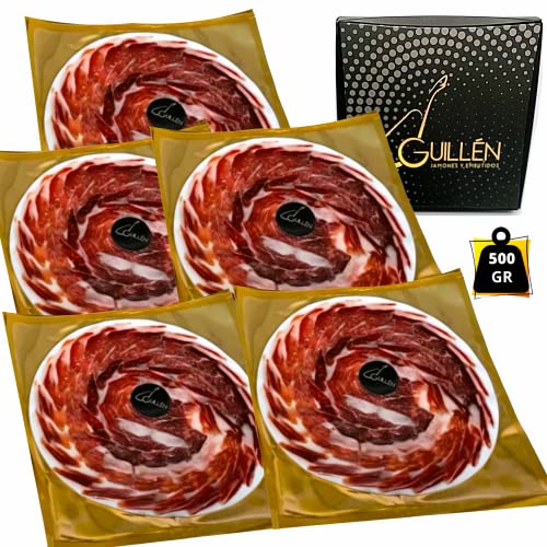 500 gr Jamon de Cebo Iberico de GUIJUELO - 5 Sobres de 100 gr de Jamón Ibérico loncheado a mano y envasados al vacio - Embutidos Ibericos de Guijuelo Salamanca - GUILLEN JAMONES Y EMBUTIDOS Cover