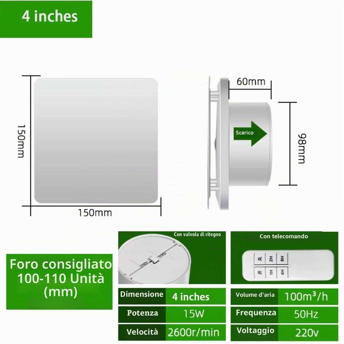 Aspiratore Bagno Silenzioso-con Telecomando/valvola Di Ritegno/timer Aspiratore Bagno Aspiratore Cucina Ventola Aspirazione Adatto Per Bagno, WC, Cucina, Cantina, Ufficio
