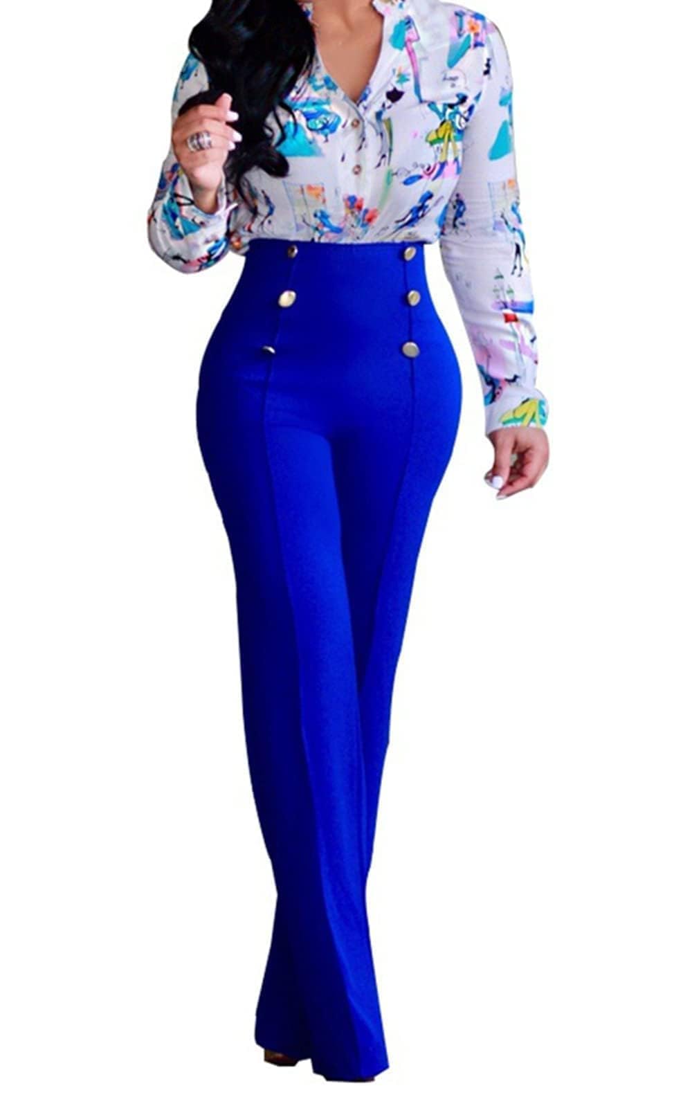 A ADILACA Womens 6-Button Trousers Casual Work Office Basic Flare Dress Pants High Waist Straight-Leg Long Pants
