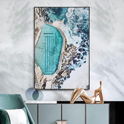 Peinture paysage toile bleu mer abstrait pour déco salon 80x110 cm
