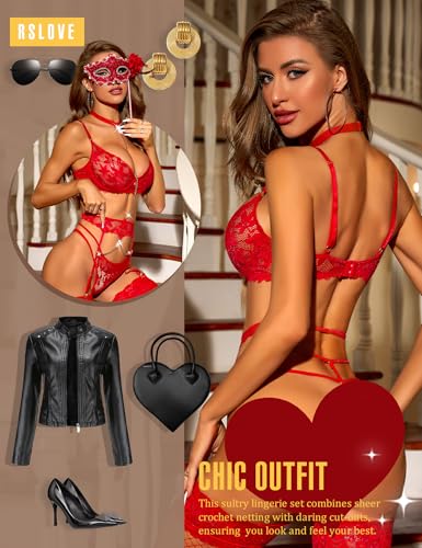 Image of RSLOVE Women's Lingerie Sets with Garter Belt 3 Piece Sexy Lace High Waist Bra and Panty Set Push Up Exotic Sleepwear