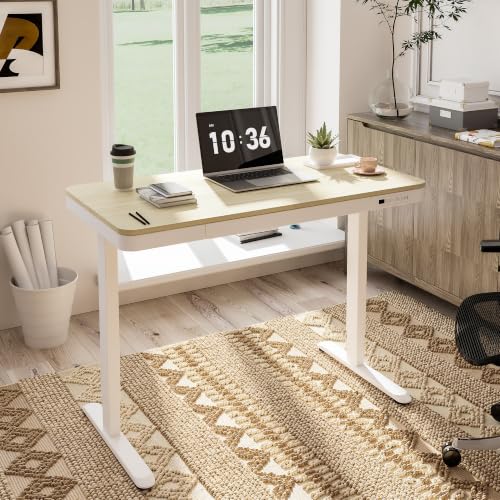 Image of FLEXISPOT Comhar 48 inch Electric Standing Desk with Storage, Built-in Drawer & USB Charging Ports, Height Adjustable Sit Stand Computer Desk, Quick Assembly, Child Lock, Light Maple Finish /White Legs