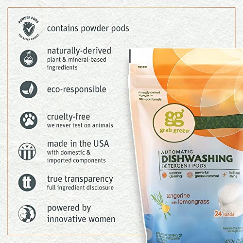 Grab Green Automatic Dishwashing Detergent Pods, 24 Count, Tangerine Lemongrass Scent, Plant And Mineral Based, Superior Cleaning, Powerful Grease Removal, Brilliant Shine #TOP2