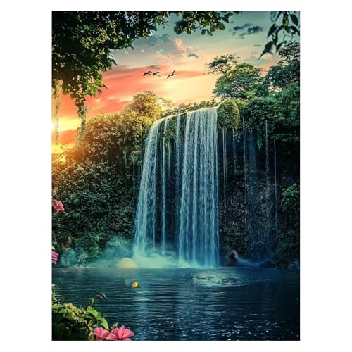 数字油絵 瀑布 Painting by Numbers 風景 ペイントバイナンバー 手作りキット 40 x 55 Cm 数字絵画手芸キット とブラシとカラフル キャンバス絵画 彩絵の具 Paint by Numbers 家の壁の装飾やホリデーギフトとして使