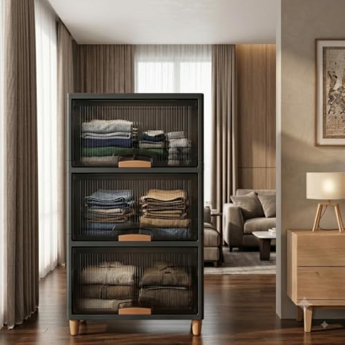 Image of YouCopia Collapsible Wardrobe, 3 Tier Foldable Plastic Clothes Storage Cabinet with Transparent Magnetic Doors, Dustproof Stackable Portable Wardrobe Organizer for Bedroom, Kids