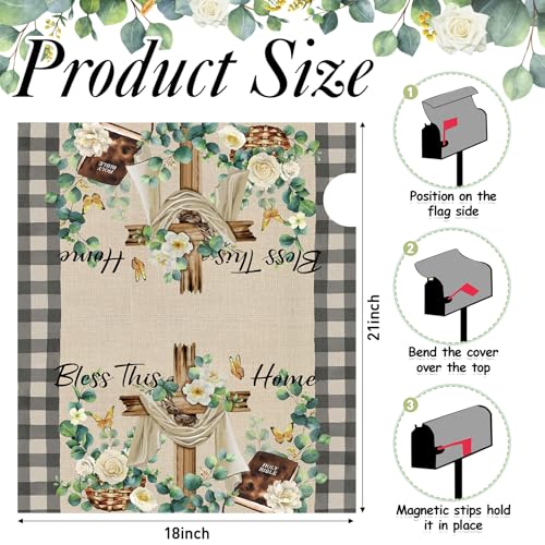 Image of Tiamon Easter Religious Cross Mailbox Covers Magnetic Easter Mailbox Cover Standard Size 21x18 Inch Spring Christian Eucalyptus Plaid Post Decor Bless This Home Letter Box Wrap for Outdoor Garden Yard
