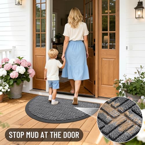 Image of OLANLY Half Circle Door Mat Outside Entrance 29.5x17, Absorbent, Heavy Duty Sturdy Natural Rubber Doormat Indoor Outdoor, Fade Resistant, Non-Slip Backing Low Profile Floor Mat for Entryway, Grey