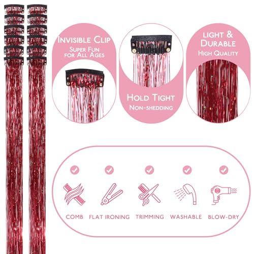 Image of WENNALIFE Hair Tinsel kit for Girls, Clip in Red, 12PCS 24 Inch Hair Accessories for Women Clip in Colorful Glitter Tinsel Hair Fairy Girls Hair Accessories for Kids