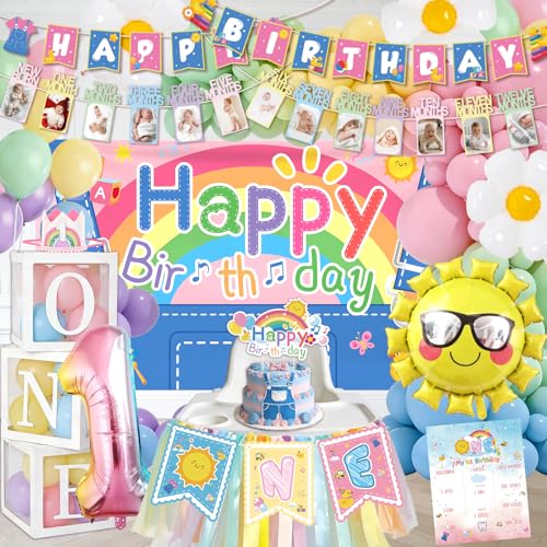 135 pcs Rachell English Teacher Party Supplies 1st Birthday Decorations Girl & Boy Photo Banner Balloons Poster Crown High Chair Banner Cake Topper Cartoon Theme Backdrop for Kids Birthday Decor