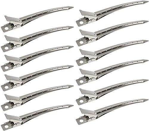 12 Pcs 9cm Metal Duck Bill Clips with Holes for Hair Styling and Dyeing Silver
