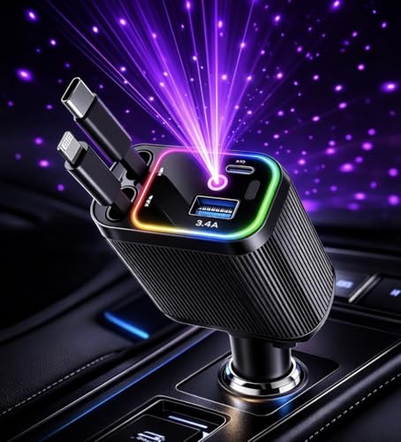 Image of 120W Retractable Fast Car Charger with DRL and Starlight (2026 Version) | 4-in-1 Dual Retractable Cables with USB & Type-C Ports | Adjustable 180 Direction