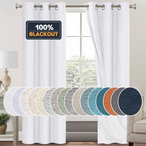 Image of PrinceDeco Black Out Curtains 84 Inch Long 2 Panels Burg 100% Linen Blackout Curtains for Bedroom Living Room Anti-Rust Grommet Linen Blackout Drapes with White Liner,42 X 84, Pearl White