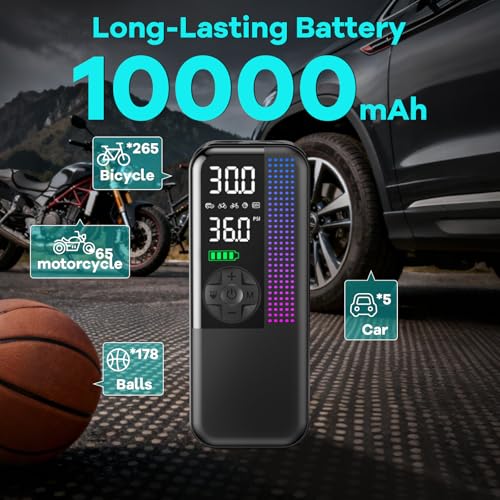 Image of WEOLULI Tire Inflator Portable Air Compressor,150 PSI Cordless Air Pump, 12V DC Car Plug,Dual Power 10000mAh, Fast Inflation 24L /Min, 4 Preset Modes for Car, Bike, Motorcycle, Balls (Black, 10000mAh)