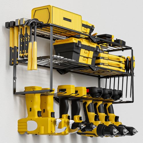 SKUTZTEK Étagère à outils à 3 niveaux pour 7 outils électriques, support mural pour perceuse à percussion, visseuse sans fil et outil, étagère à outil avec support de tournevis