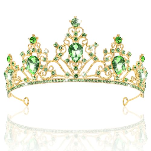 AHONEY Green Tiara and Crown for Women Crystal Fiona Crown Rhinestone Princess Tiaras for Wedding Birthday Prom Halloween Party (Gold Green)