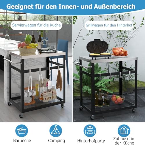Generisch Grilltisch Outdoor, Servierwagen mit 2 Ablagen & 4 Rädern & Griff & 4 Haken, Pizzatisch Beistelltisch Grillwagen für Hinterhof, Garten, Terrasse (2 Ablagen), Schwarz + Silber