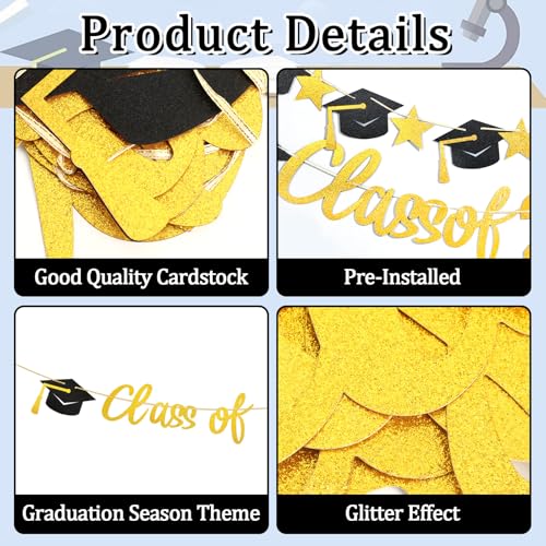 Image of Graduation Banner, Class of 2026 Pre-Strung Black Gold Glitter Banners Graduation Garland for Congratulation Graduations School Home Party Decorations