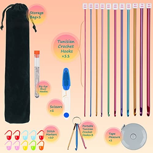 Image of Aeelike 35pcs Tunisian Crochet Hook Set, 11pcs Aluminum Crochet Hooks B-L Afghan Long Needles Crocheting Set with Drawstring Bag Accessories
