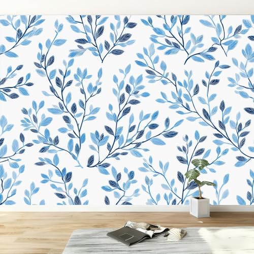 300 x 210 cm Fotomurales no Tejido Azul, Ramas Y Hojas Sencillas Elegantes Papel Pintado Decoración de Pared moderna, Murales póster efecto 3D, Decorativos Murales para Dormitorio Salón TV Pared