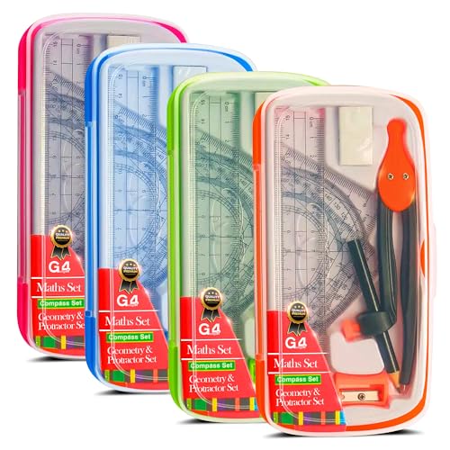 G4GADGET 8-Piece Maths Geometry Set Compass & Protractor Set with Clear Pencil Case | School Stationery Set for Students | Ruler Set Protractor Triangles Eraser & Sharpener | Math Equipment