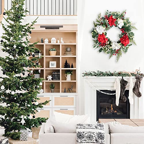 18 Inch Christmas Hydrangea Flower Wreath For Front Door, Christmas Red And White Flower Wreath With Greenery And Berries For Indoor And Outdoor #TOP6