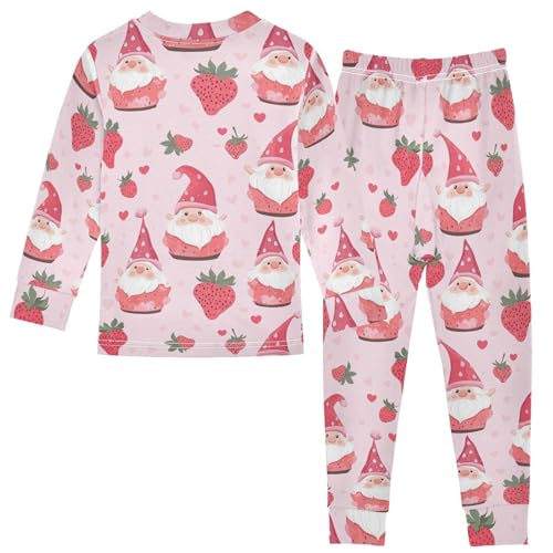 Fustylead Cute Pink Strawberry Cake and Gnomes Cotton Pajamas Long Sleeve Sleepwear Lounge Set2