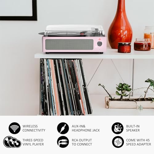 Image of Record Players for Vinyls Turntable with Speakers Belt-Driven Turn Tables LP Phonograph Support 3-Speed Full Size Bluetooth Wireless Playback Headphone AUX RCA Line New Sleek Pale Light Pink
