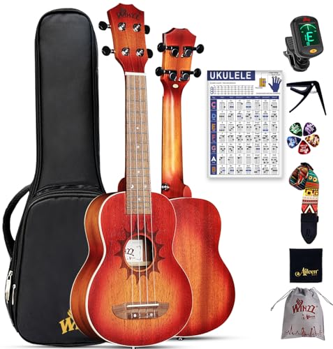 Winzz Ukelele soprano de 21 pulgadas para niños principiantes y adultos principiantes, madera de caoba, regalos únicos (cuerdas de carbono, mate Sunburst)