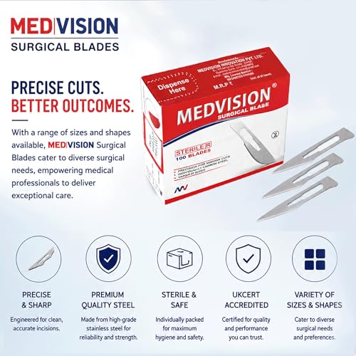 Image of Surgical Blades, 100 pieces sealed box, one complementary scalpel handle,sterilised by Gamma Radiation, made of carbon steel, single piece individually foil pack,ISI mark,made in India,surgeon /doctor scalpel blade for medical and industrial use, all sizes to choose from in options (15)