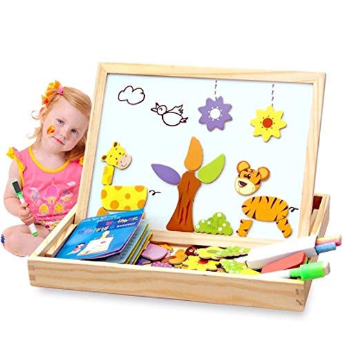 Alytimes Magnetic Puzzle Wooden Animal Travel Easel Dry Erase Chalkboard Toy for Kids Imagination