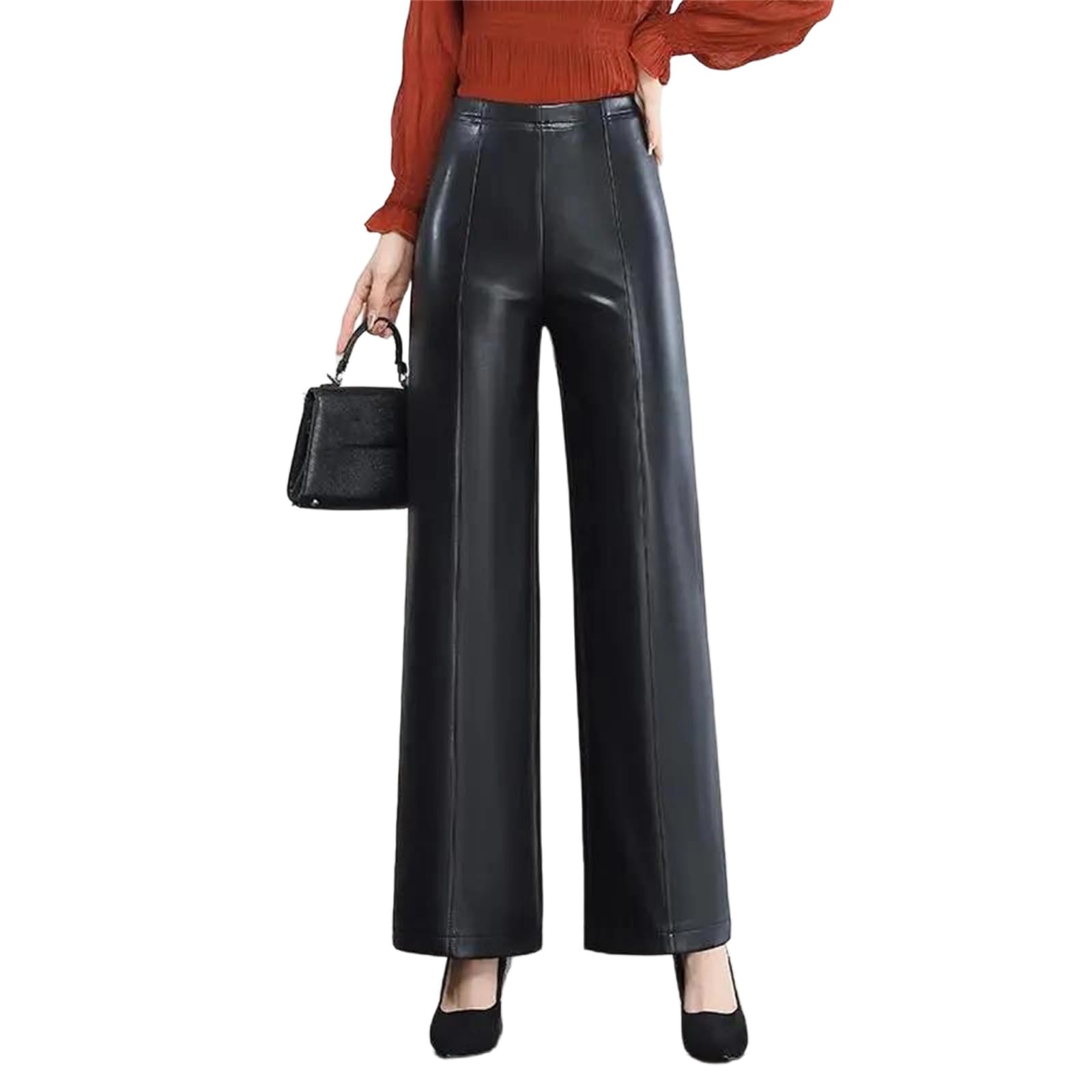 Womens Genuine Leather Pants High Waist Slimming Outerwear Fleece Lined Casual Sheepskin Long Comfortable Pants