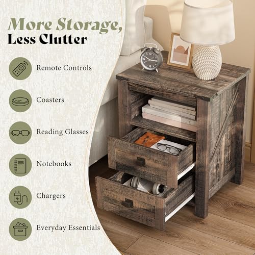 Image of AMERLIFE Farmhouse Nightstand Set of 2, Wooden Side Table with Drawers & Open Shelf, Narrow /Small Bedside End Table, Wood Night Stand for Bedroom /Dorm /Home Office, Rustic Black Oak