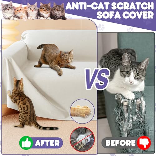 Loiion Sofaschutz Katze, Sofabezug 2 Sitzer Couch Schutz Katze, Rutschfester Couch Überwurf, Sofabezug Wasserdicht, Schonbezug Sofa für Haustier Kinder Katzen Hunde, Beige, 300x180cm