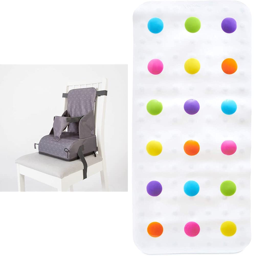 Red KiteTravel Booster Seat - Soft and Comfortable Foam Seat (Grey) & Munchkin Dandy Dots Colourful Children’s Non Slip Bath Mat/Baby Bath Tub Mat/Bathroom Mat, Multi Colour, 77.5 x 36.2 cm