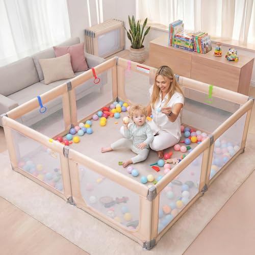 Image of Kidirect Foldable Baby Playpen, 71 inchx69 inch Extra Large Playpen for Babies and Toddlers, Portable Play Yard with 5 Handles, Indoor Outdoor Safety Baby Fence with Visible Mesh,Khaki
