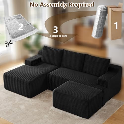Image of 96 inch U-Shape Cloud Couch, Modern Modular Sectional L-Shape Sofa with Ottoman, Corduroy Upholstered Couches Deep Seat Sleeper Chaise Longue for Living Room, No Assembly Required(Black, Left Facing)