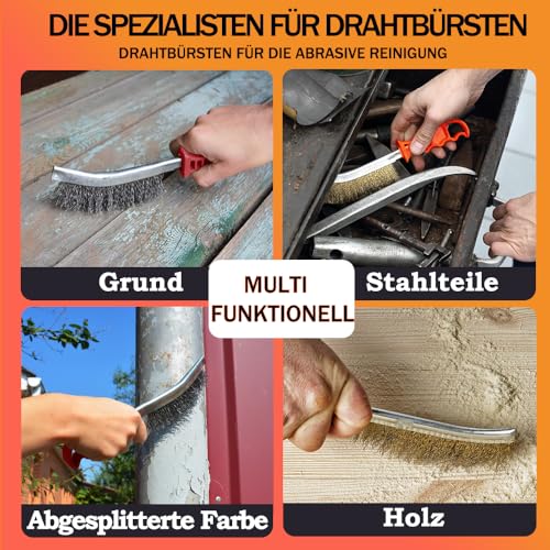 Handdrahtbürste-Set 4-teilig mit Edelstahlbürste Stahlbürste und Messingbürste, Drahtbürste klein zum Reinigen von Rost, Farbe und Schweißschlacke
