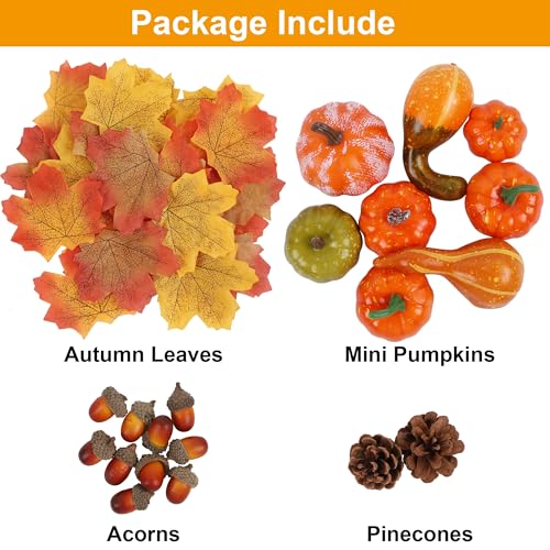 winemana Fall Decorations for Home-6pcs Mini Pumpkins & 2pcs Gourds, 30pcs Leaves & 10pcs Acorns, 2pcs Pinecones Centerpiece Set -Thanksgiving Harvest Decor for Table Mantel (Largest: 4.5" x 2.1")