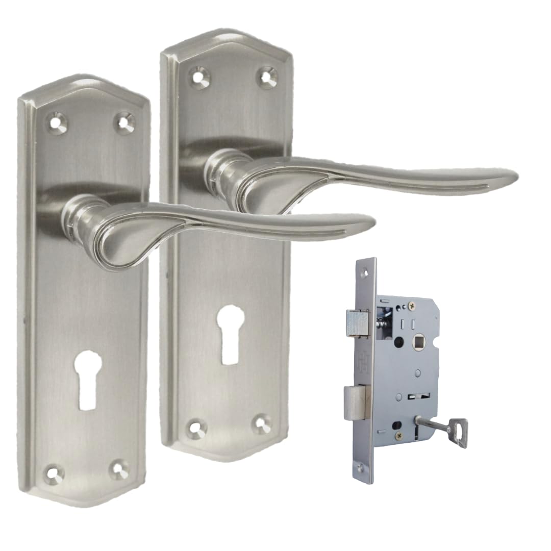 Premium Satin Nickel Internal Lock Door Handles with Long Back Plate and 3 Lever Mortise Sash Lock - Stellar Design, (1 Pair of Lock Handles + 3 Lever SASH Lock)