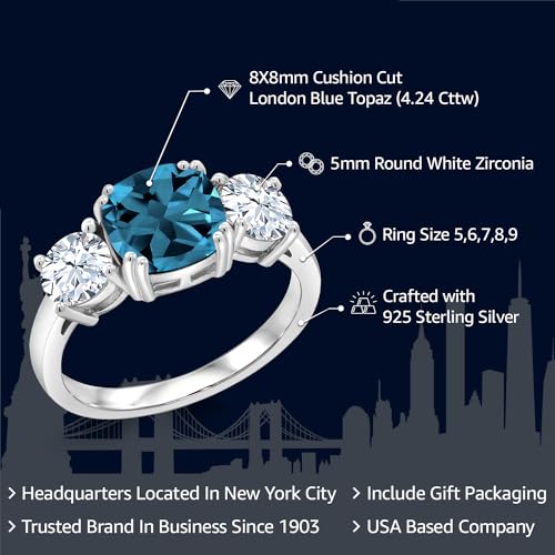 Gem Stone King 4.24 Cttw London Blue Topaz and White Zirconia 3 Stone Engagement Ring For Women | 925 Sterling Silver | Gemstone Birthstone | Cushion 8MM | Available in Size 5,6,7,8,92