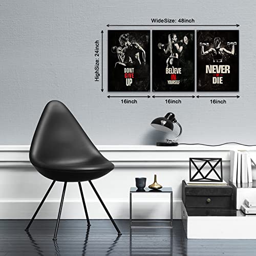Kawahone 3 Panels "Dont Give Up" Motivational Quotes Exercise Wall Art Woman Weight Bodybuilding Lifter Inspirational Canvas Wall Art Sports Fitness Art Print For Training Gym Weight Room Home Decor-16" X 24" X 3 Pcs #TOP1