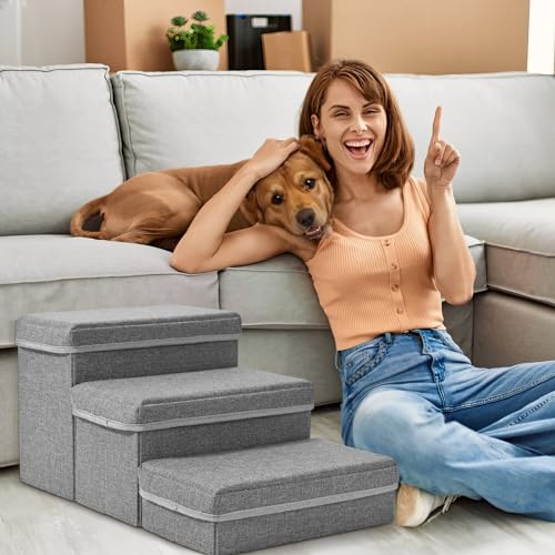 MINENICE Treppe für Hunde, 3 Stufen Faltbare Hundetreppe für Kleine Hunde mit Aufbewahrungsboxen Haustiertreppe für Sofa und Bett Hunde Treppe