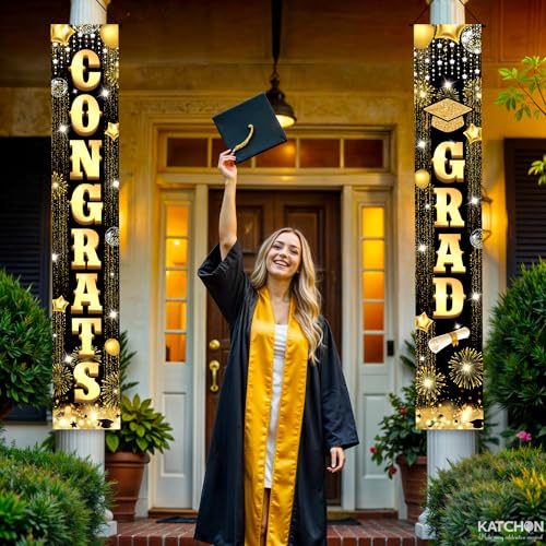 Image of Graduation Decorations 2026 | Black and Gold Graduation Door Banner - Large, 72x12 Inch, NO DIY | Congrats Grad Banner | Grad Banner for 2026 Grad Party Decor | KatchOn