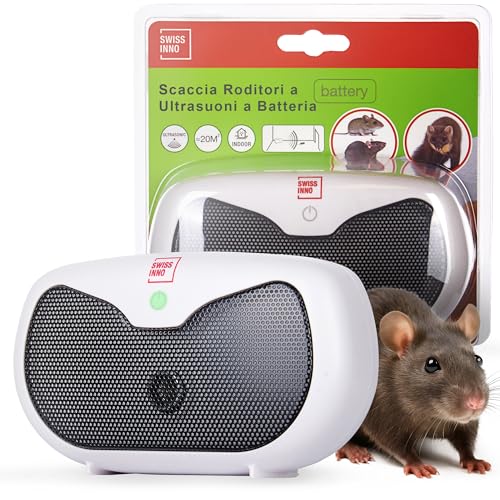 SWISSINNO Repellente a Ultrasuoni a Batteria 20 m² - Dispositivo Portatile Anti Topi e Ratti per Interni - Funzionamento Flessibile Senza Presa di Corrente - Ultrasuoni Contro Roditori e Martore