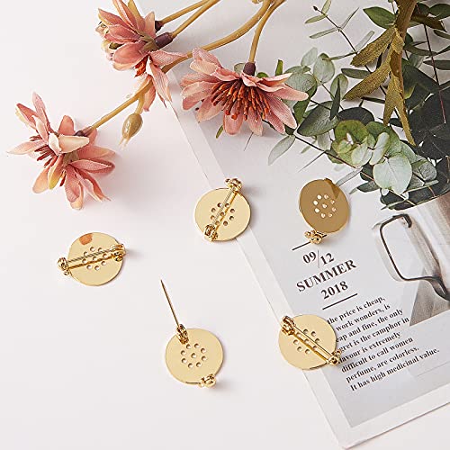 Image of LiQunSweet 50 Pcs Brass Disc Base Settings Brooch Back Pad Bezel Blank Cabochon Trays Safety Pins Round Real Gold Plated Brooches for DIY Jewelry Accessories Badge Corsage - 18mm(0.7 inch)