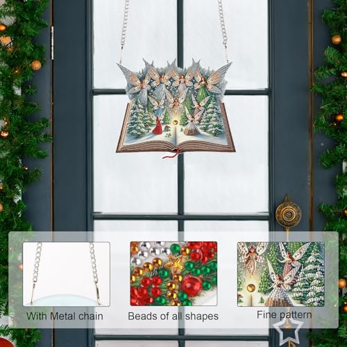 Image of DIY Large Christmas Diamond Art Hanging Kits for Adults, 24.1 x 20.4 cm | Magic Book with Elf and Snowy Forest Design, Crystal Diamond Painting Suncatchers, For Window, Door & Wall Ornaments