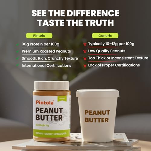 Image of Pintola Organic Unsweetened Peanut Butter Crunchy 1kg - High Protein 30g & 9g Dietary Fiber, Made with Organic Peanuts, No Added Sugar, No Preservatives