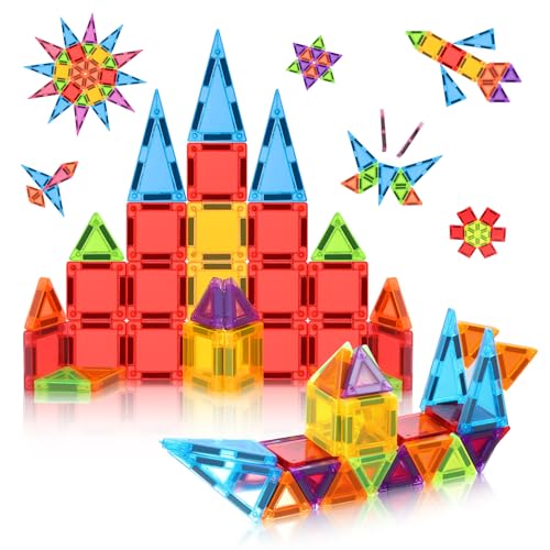 W WISE BLOCK Mini Magnetic Tiles 32pcs STEM Travel Building Blocks Set for Toddlers 3-10 Portable Construction Toys for Boys & Girls